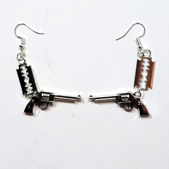 Punk Earrings - Gun & Razor Blade Charms NWOT - Picture 3 of 8
